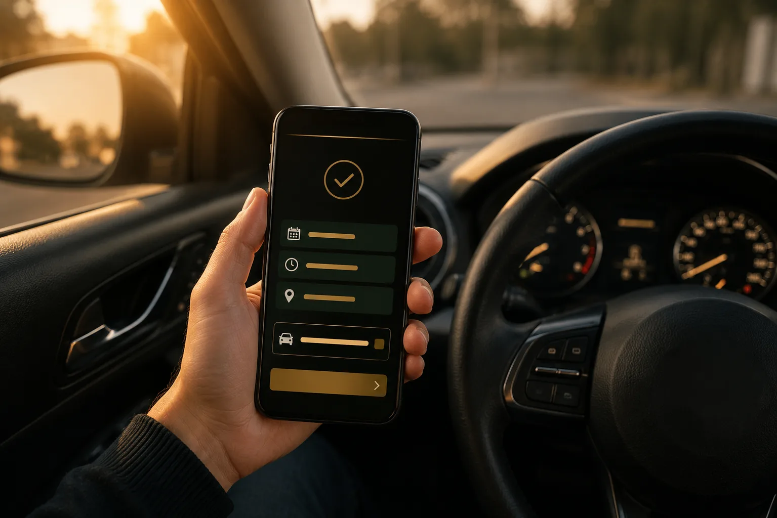 SafeDrive booking interface shown on a phone inside the training car