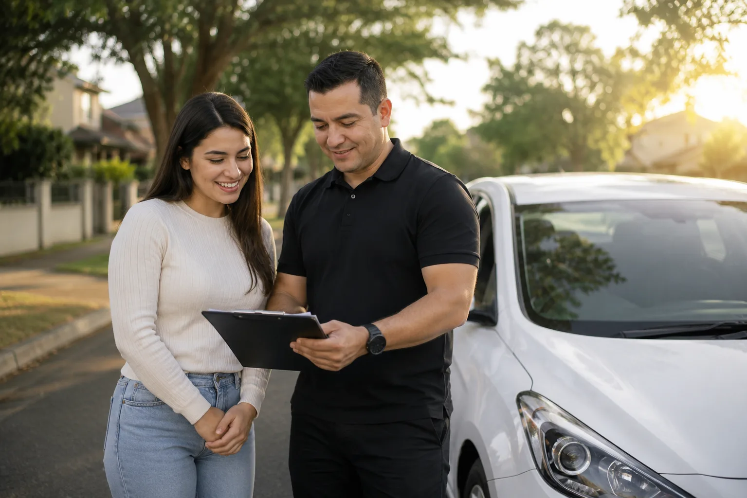 Learner receiving post-lesson feedback from the SafeDrive instructor