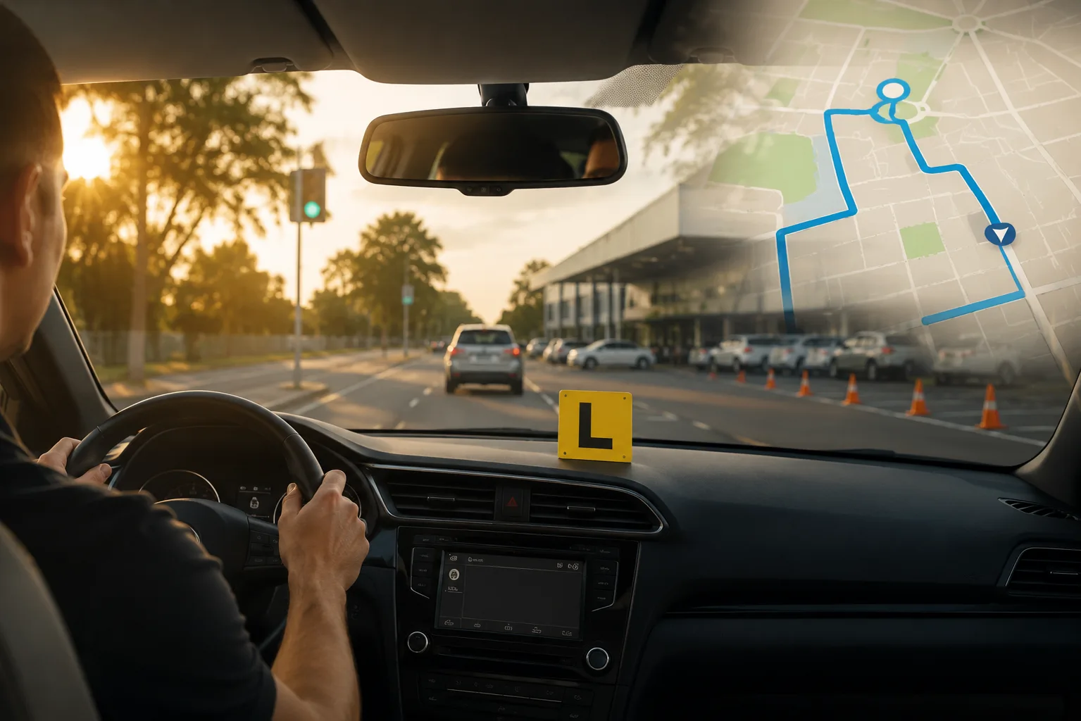 Driving test route preparation displayed inside a training vehicle